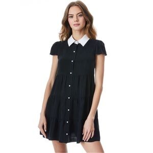 $375 ALICE + OLIVIA Meeko Collared Tiered Pearl Button Shirt Dress, Size 6